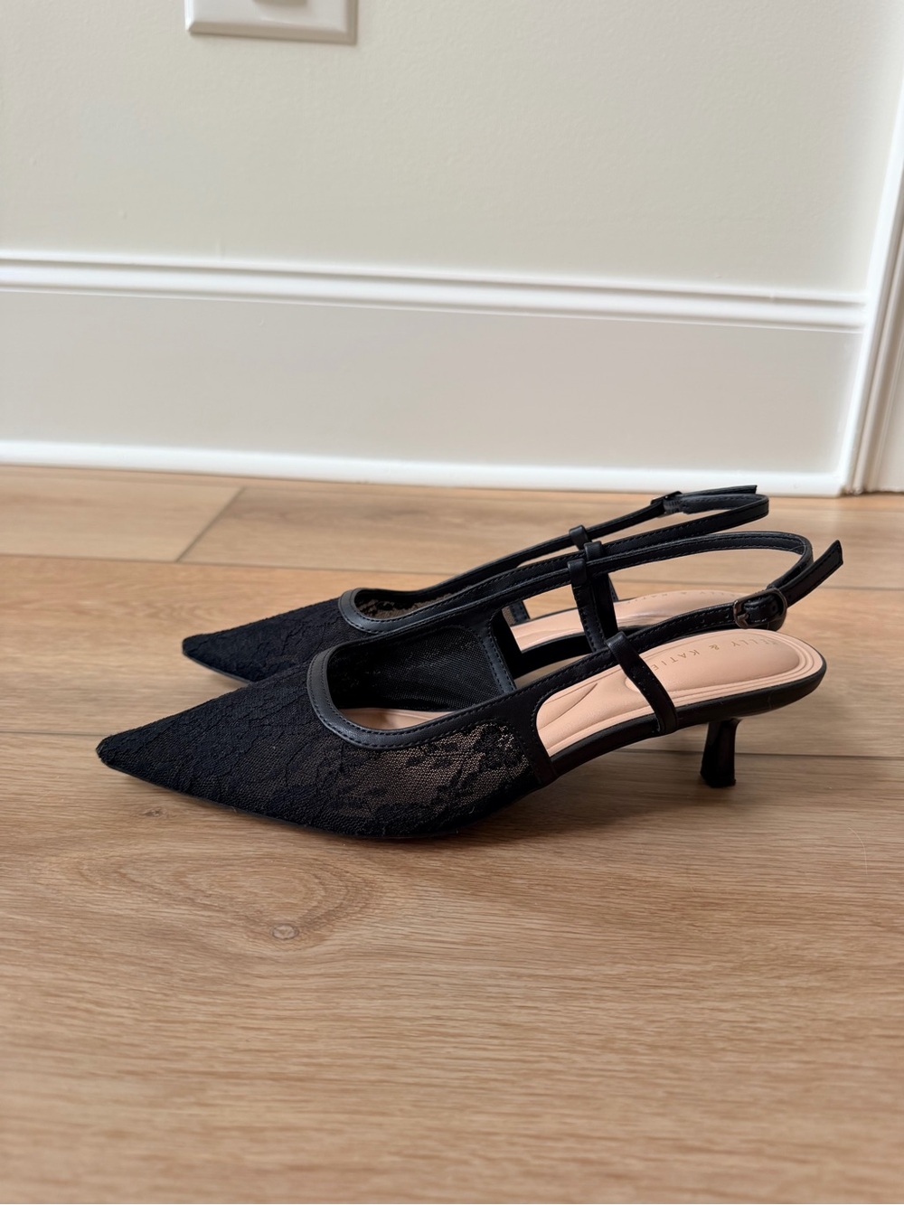 Kelly & Katie Black Lace Slingback Kitten Heel Pumps